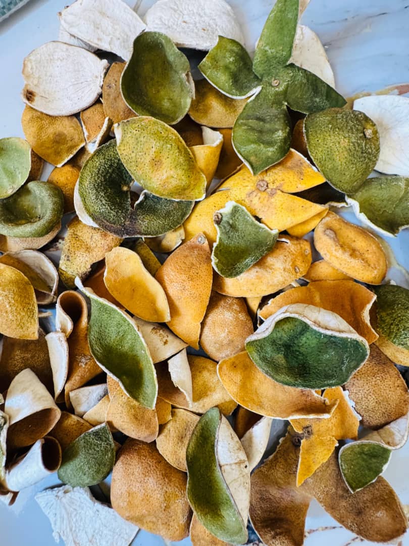 Mixed green and golden dried citrus peels laid out for sorting